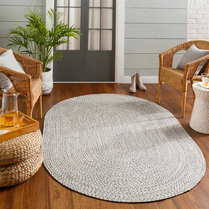 Ivory, Charcoal and Taupe Chevron Design Braided Faux Outdoor safe area Rug - The Rug Decor