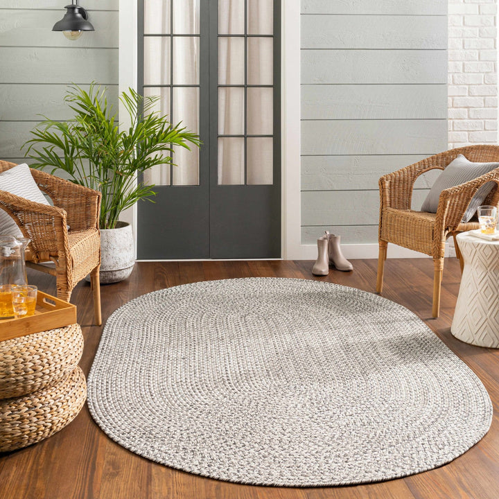Ivory, Charcoal and Taupe Chevron Design Braided Faux Outdoor safe area Rug - The Rug Decor