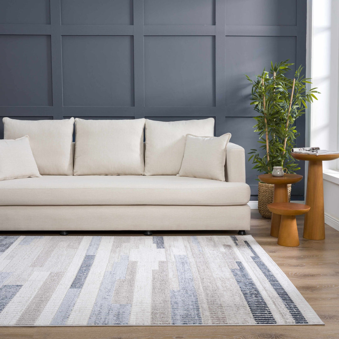Ivory, Charcoal, Blue and Tan Modern Geometrical Stripes Design Area Rug - The Rug Decor