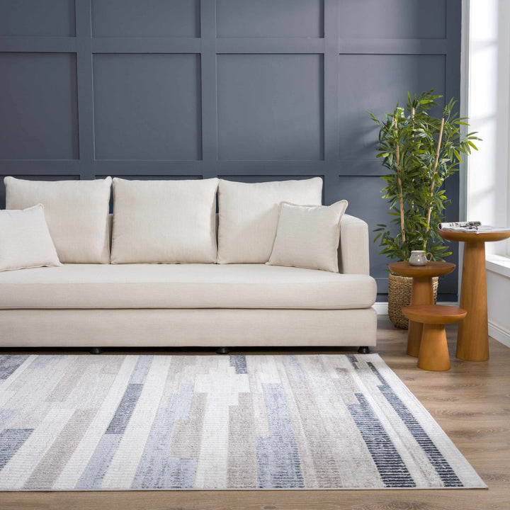 Ivory, Charcoal, Blue and Tan Modern Geometrical Stripes Design Area Rug - The Rug Decor