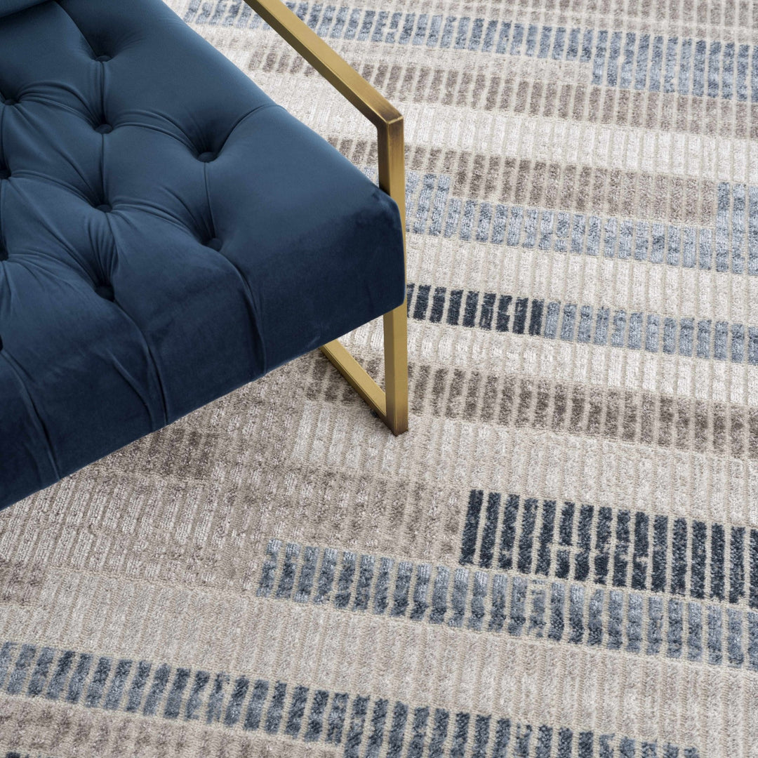 Ivory, Charcoal, Blue and Tan Modern Geometrical Stripes Design Area Rug - The Rug Decor