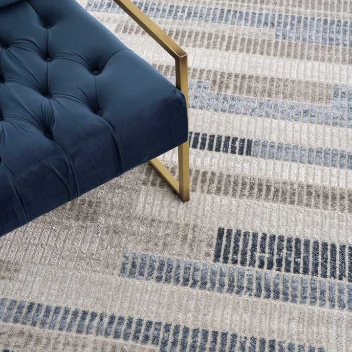 Ivory, Charcoal, Blue and Tan Modern Geometrical Stripes Design Area Rug - The Rug Decor