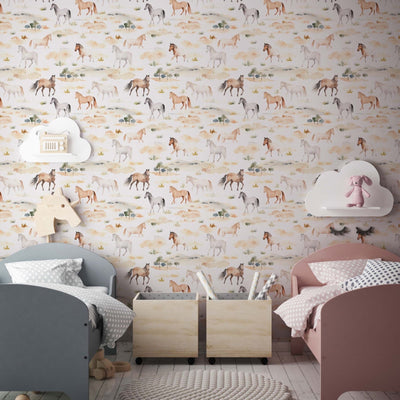 Ivory, Gray and Brown Enchanted Horse Meadow Self - adhesive Wallpaper for Kids' Rooms - The Rug Decor