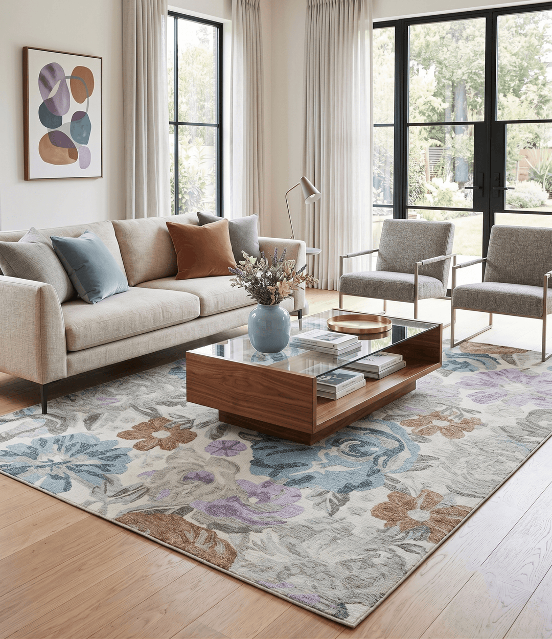 Ivory, Gray, Purple Flower Design Hand Tufted 8x10 wool Area Rug - The Rug Decor