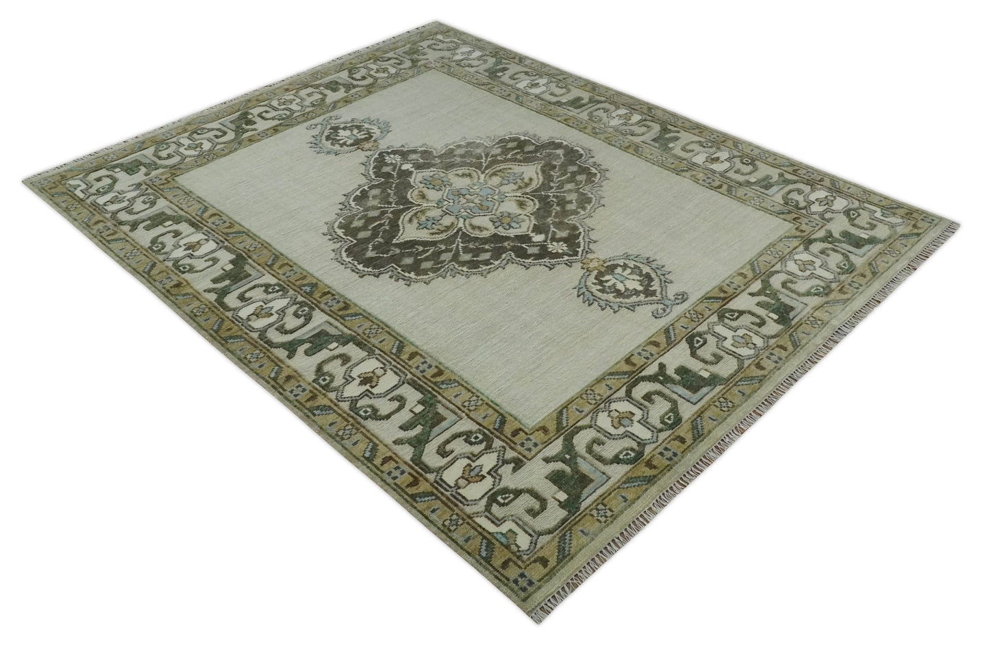 Ivory, Green and Beige Traditional Medallion Hand knotted Multi Size wool Area Rug - The Rug Decor
