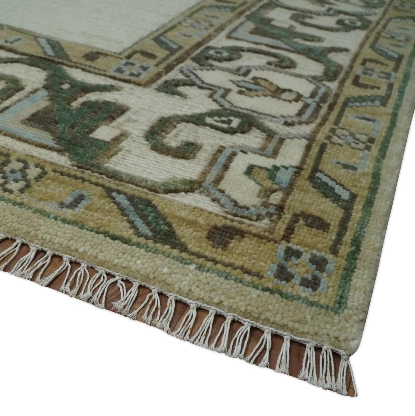 Ivory, Green and Beige Traditional Medallion Hand knotted Multi Size wool Area Rug - The Rug Decor