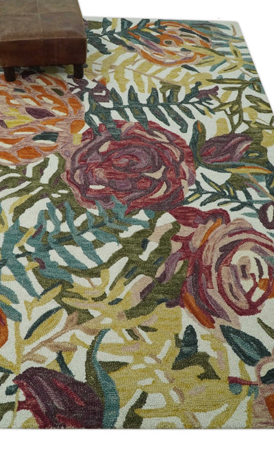 Ivory, Green and Mustard Traditional Floral 5x7 Hand Tufted wool rug - The Rug Decor