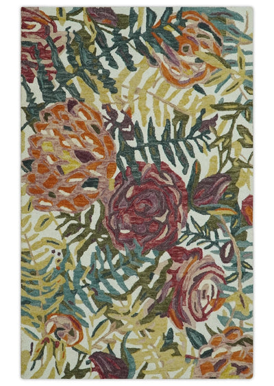 Ivory, Green and Mustard Traditional Floral 5x7 Hand Tufted wool rug - The Rug Decor