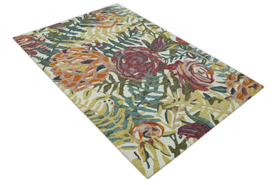 Ivory, Green and Mustard Traditional Floral 5x7 Hand Tufted wool rug - The Rug Decor