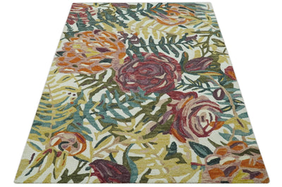 Ivory, Green and Mustard Traditional Floral 5x7 Hand Tufted wool rug - The Rug Decor