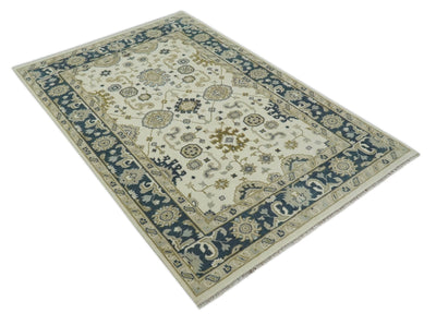 Ivory, Olive and Blue Hand Knotted Traditional Oriental Oushak 6x9 wool rug - The Rug Decor