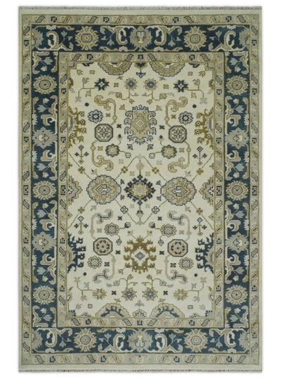 Ivory, Olive and Blue Hand Knotted Traditional Oriental Oushak 6x9 wool rug - The Rug Decor