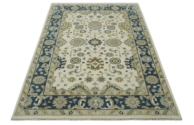 Ivory, Olive and Blue Hand Knotted Traditional Oriental Oushak 6x9 wool rug - The Rug Decor