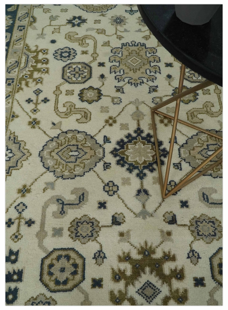 Ivory, Olive and Blue Hand Knotted Traditional Oriental Oushak Custom Made wool rug - The Rug Decor