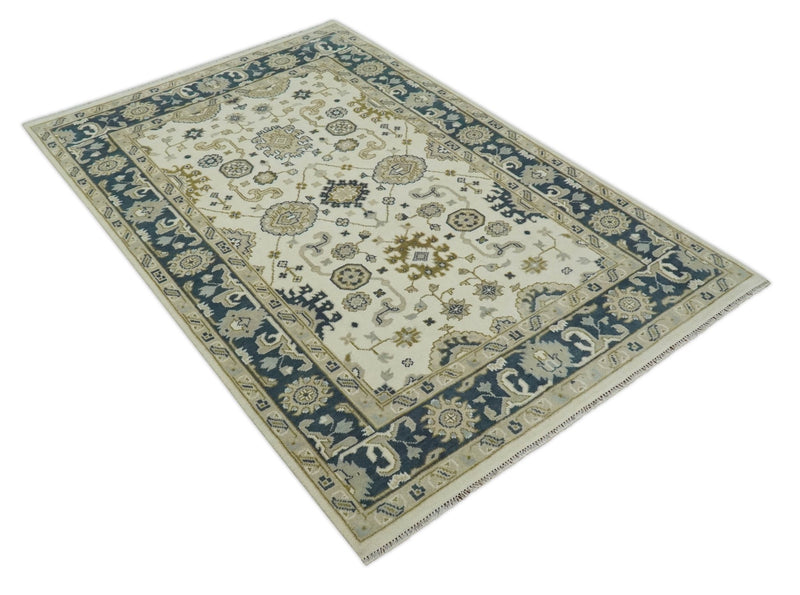 Ivory, Olive and Blue Hand Knotted Traditional Oriental Oushak Custom Made wool rug - The Rug Decor