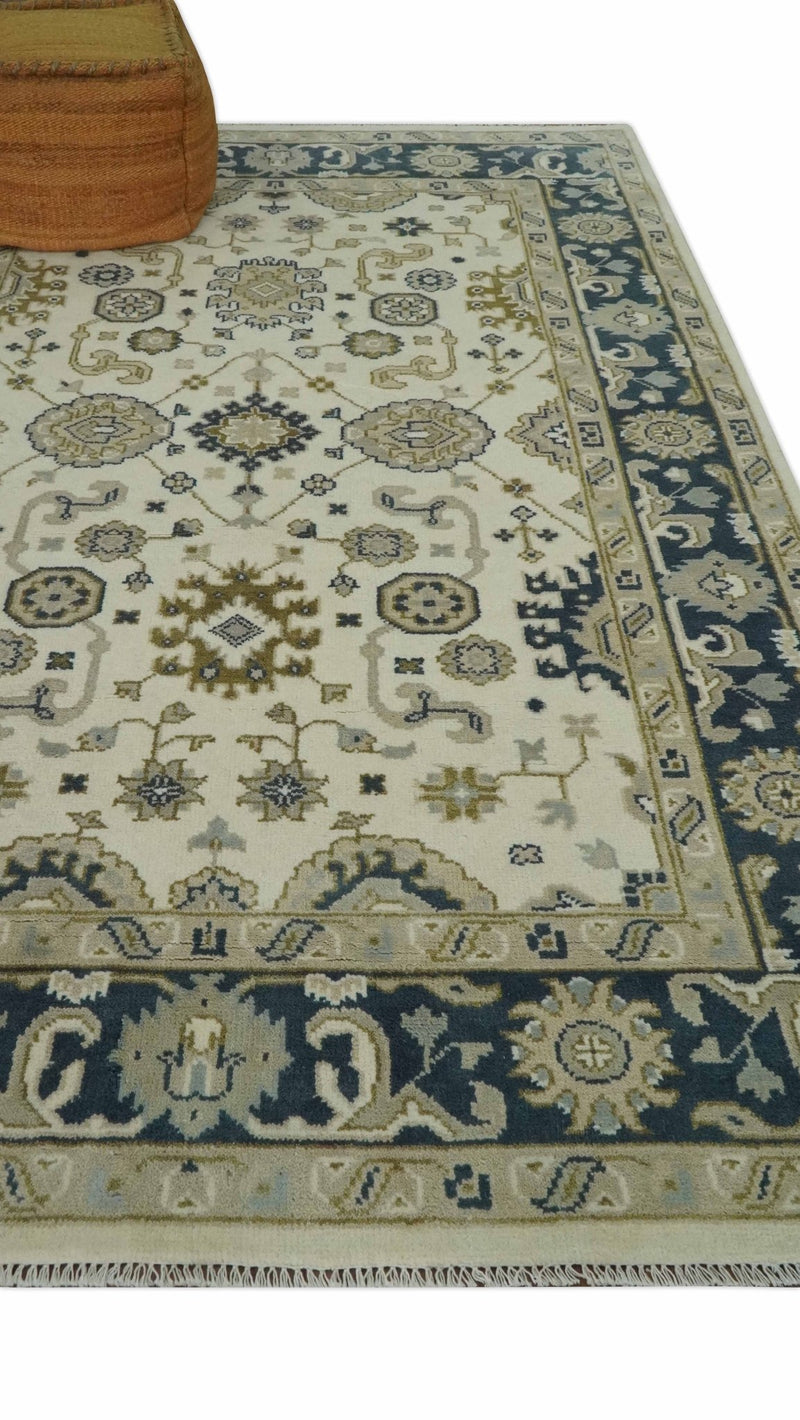 Ivory, Olive and Blue Hand Knotted Traditional Oriental Oushak Custom Made wool rug - The Rug Decor