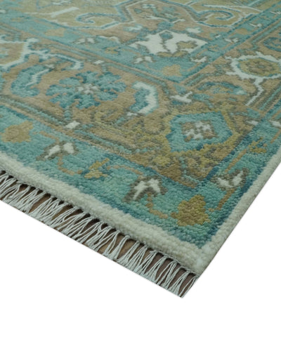 Ivory, Olive and Teal Hand Knotted Traditional Heriz 8x10 wool area rug - The Rug Decor