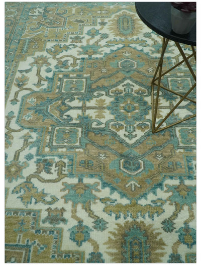 Ivory, Olive and Teal Hand Knotted Traditional Heriz 8x10 wool area rug - The Rug Decor