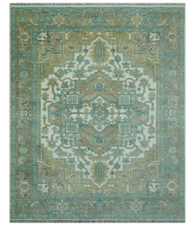 Ivory, Olive and Teal Hand Knotted Traditional Heriz 8x10 wool area rug - The Rug Decor