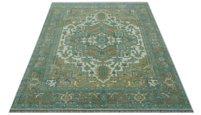 Ivory, Olive and Teal Hand Knotted Traditional Heriz 8x10 wool area rug - The Rug Decor