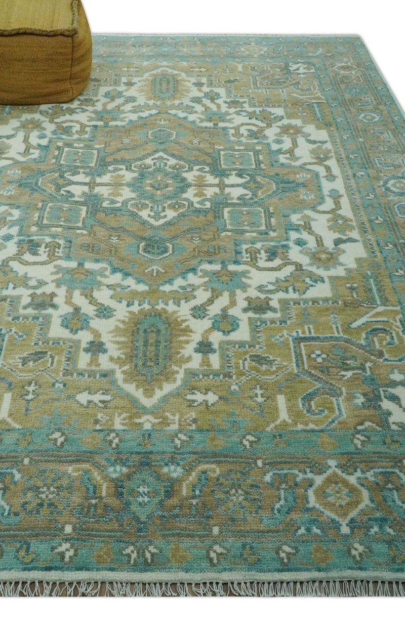 Ivory, Olive and Teal Hand Knotted Traditional Heriz 8x10 wool area rug - The Rug Decor