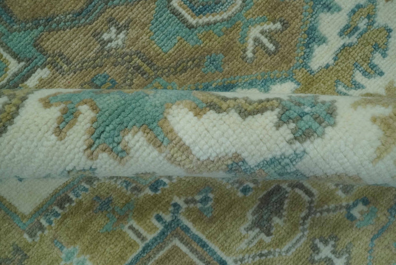 Ivory, Olive and Teal Hand Knotted Traditional Heriz 8x10 wool area rug - The Rug Decor