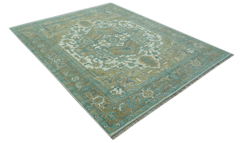 Ivory, Olive and Teal Hand Knotted Traditional Heriz 8x10 wool area rug - The Rug Decor