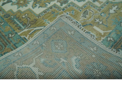 Ivory, Olive and Teal Hand Knotted Traditional Heriz Custom Made wool area rug - The Rug Decor