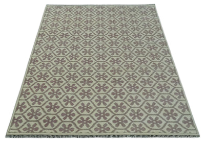 Ivory, Purple and Gray Hand Knotted Geometrical Floral 8x10 wool Area Rug - The Rug Decor