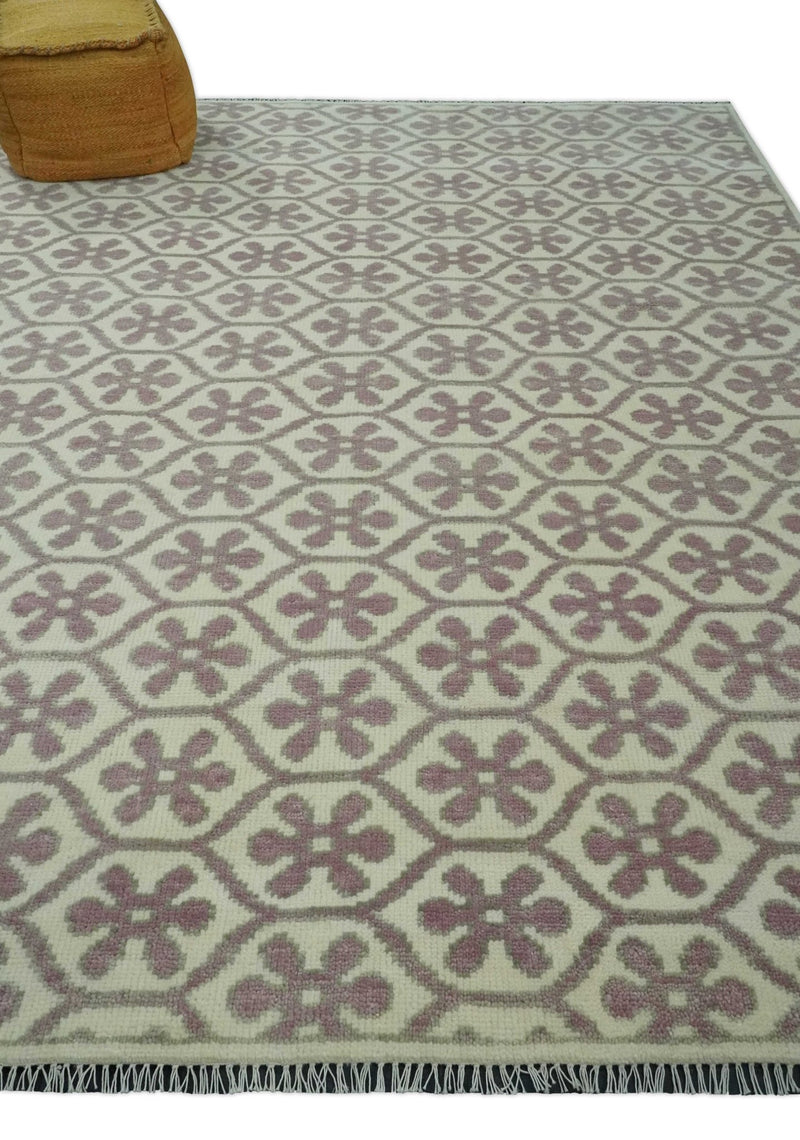 Ivory, Purple and Gray Hand Knotted Geometrical Floral 8x10 wool Area Rug - The Rug Decor