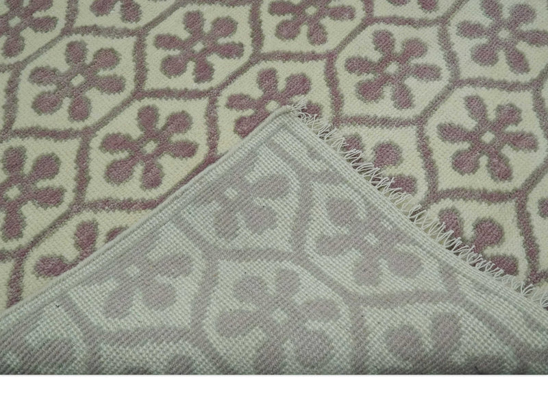 Ivory, Purple and Gray Hand Knotted Geometrical Floral 8x10 wool Area Rug - The Rug Decor