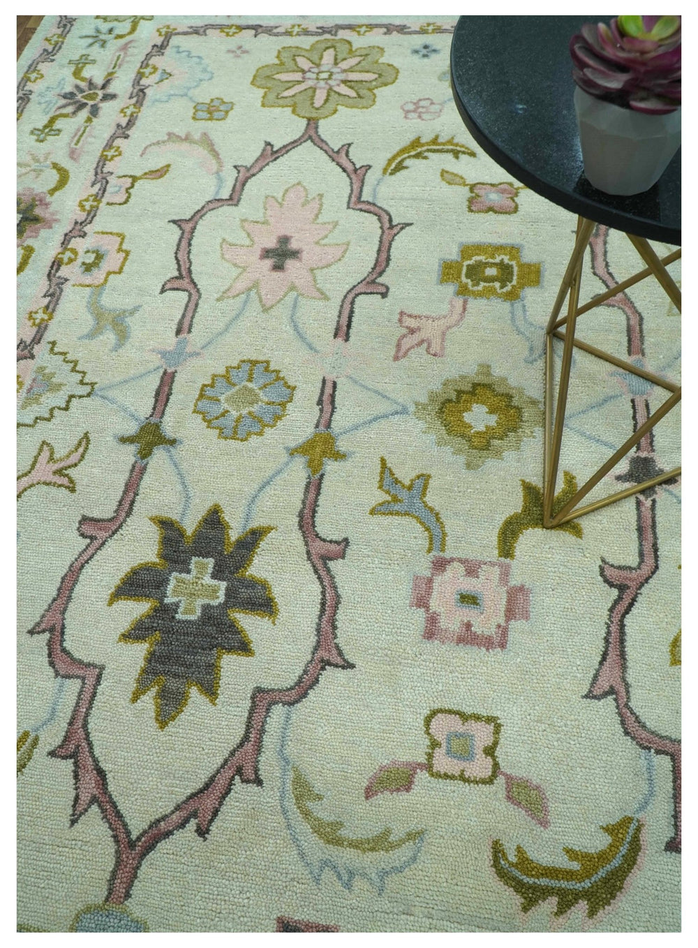 Ivory, Purple and Olive Floral Oushak Hand Tufted Custom Made wool rug - The Rug Decor
