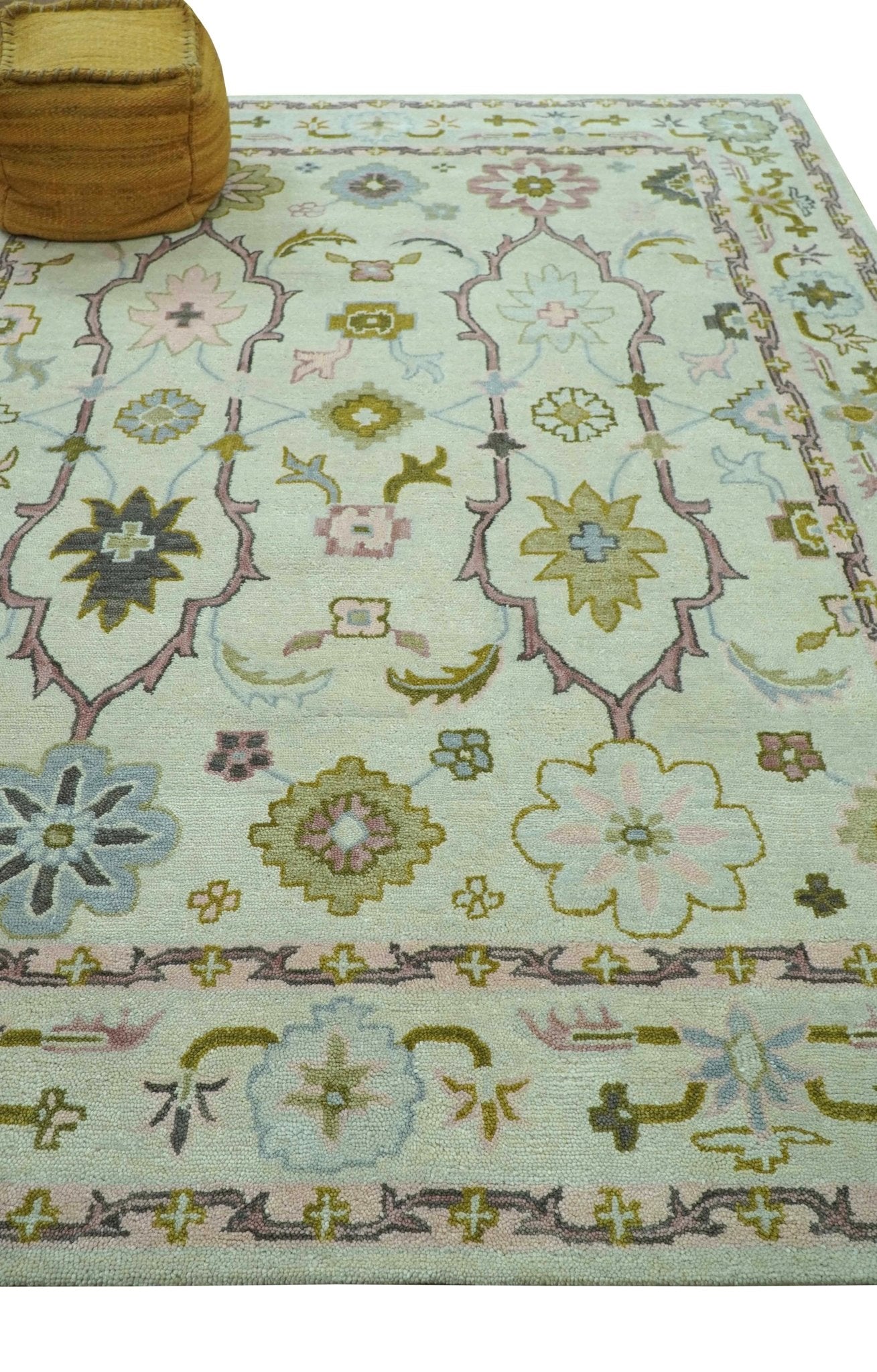 Ivory, Purple and Olive Floral Oushak Hand Tufted Custom Made wool rug - The Rug Decor