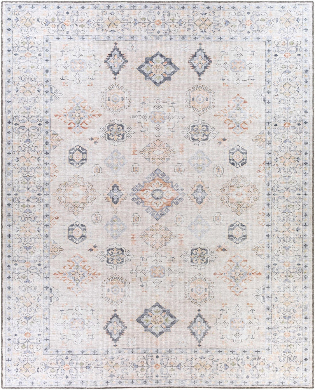 Ivory, Rust and Blue Machine Woven Traditional Design Machine Washable Rug - The Rug Decor