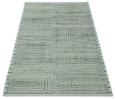 Ivory, Silver and Charcoal Modern Geometrical Puzzle Design hand knotted 5x8 wool Area Rug - The Rug Decor