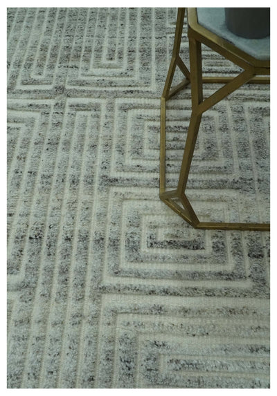 Ivory, Silver and Charcoal Modern Geometrical Puzzle Design hand knotted 5x8 wool Area Rug - The Rug Decor