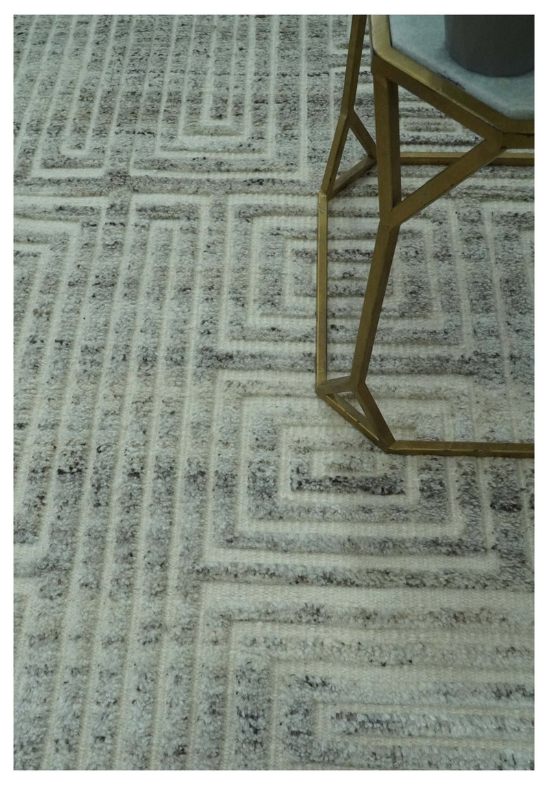 Ivory, Silver and Charcoal Modern Geometrical Puzzle Design hand knotted 5x8 wool Area Rug - The Rug Decor