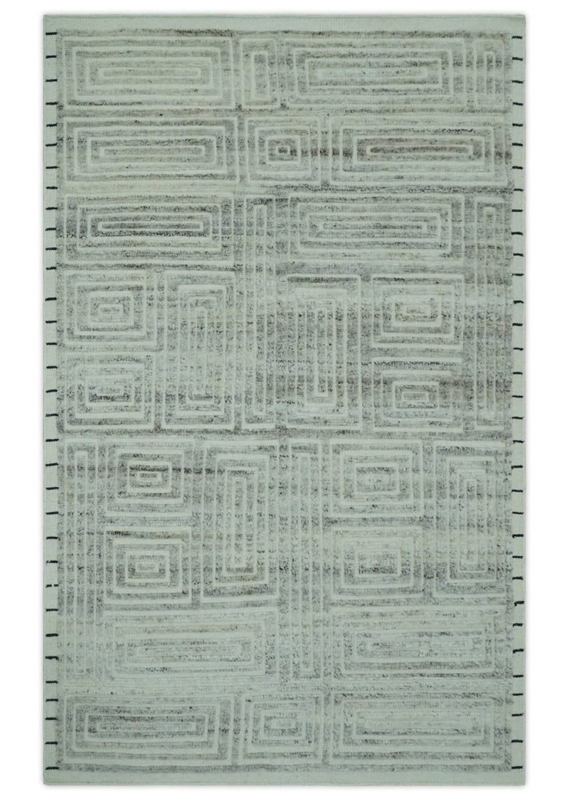 Ivory, Silver and Charcoal Modern Geometrical Puzzle Design hand knotted 5x8 wool Area Rug - The Rug Decor