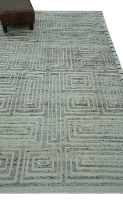 Ivory, Silver and Charcoal Modern Geometrical Puzzle Design hand knotted 5x8 wool Area Rug - The Rug Decor