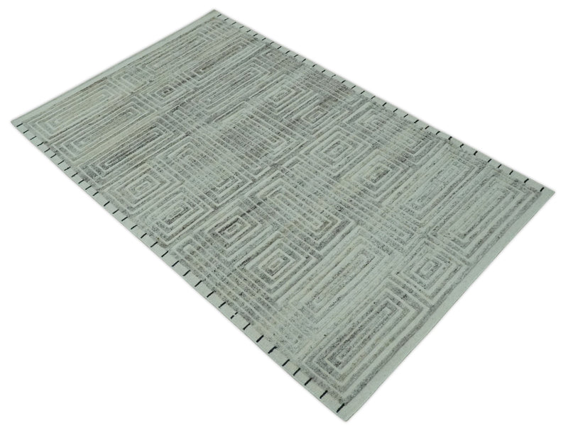 Ivory, Silver and Charcoal Modern Geometrical Puzzle Design hand knotted 5x8 wool Area Rug - The Rug Decor