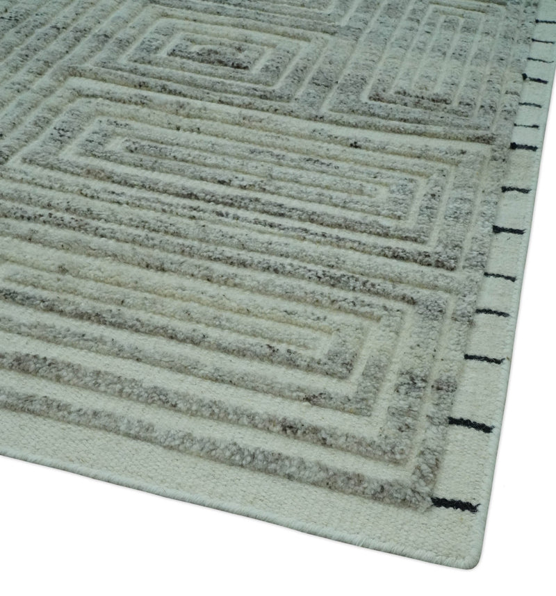 Ivory, Silver and Charcoal Modern Geometrical Puzzle Design hand knotted 5x8 wool Area Rug - The Rug Decor