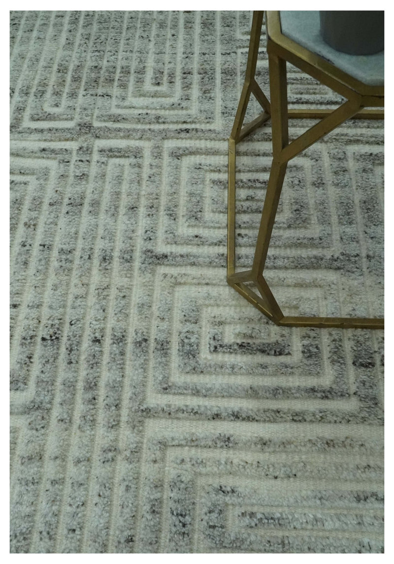 Ivory, Silver and Charcoal Modern Geometrical Puzzle Design hand knotted Custom Made wool Area Rug - The Rug Decor