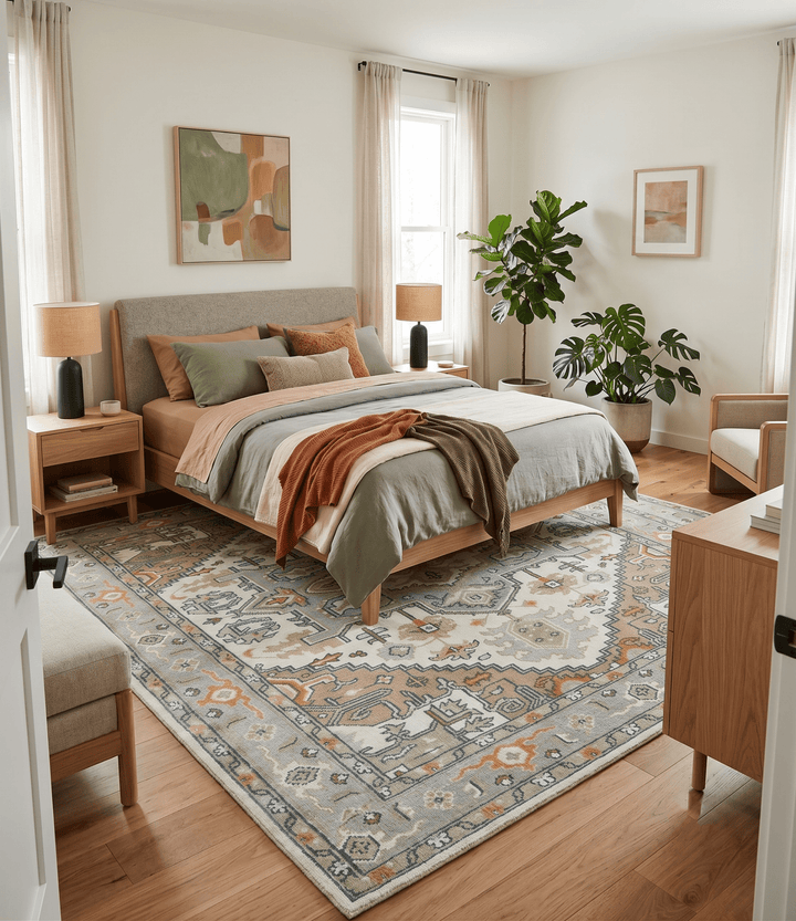 Ivory, Silver, Peach and Olive Traditional Heriz Hand Knotted Multi Size wool Area Rug - The Rug Decor