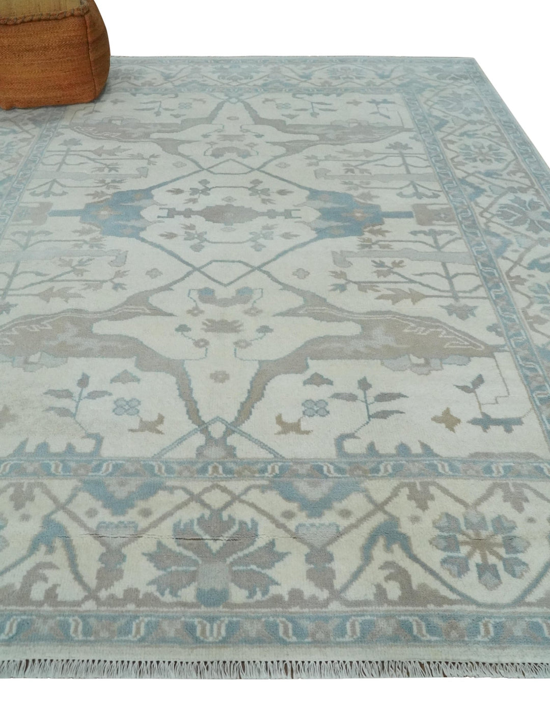 Ivory, Teal and Brown 8x10 Hand knotted Traditional oriental oushak wool area rug - The Rug Decor
