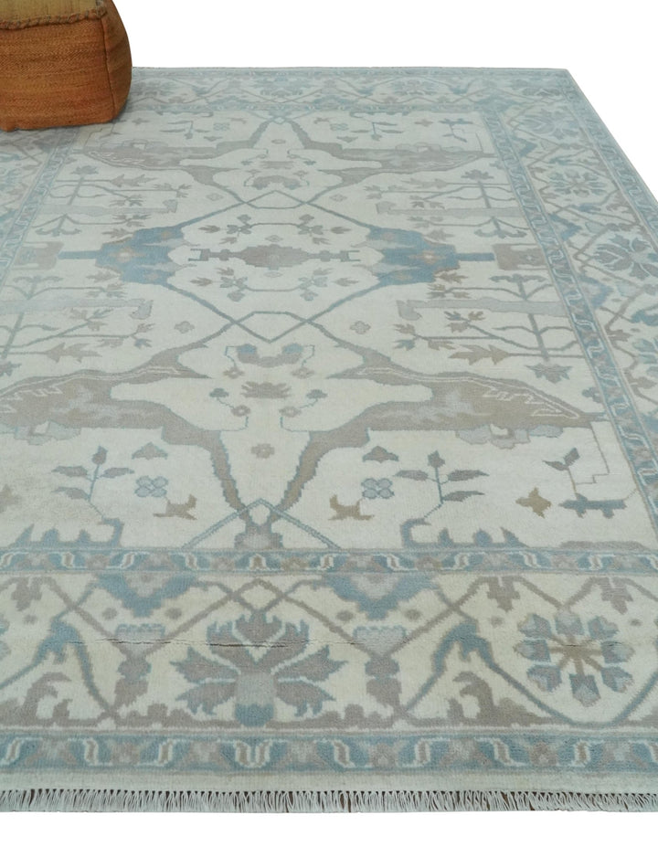 Ivory, Teal and Brown 8x10 Hand knotted Traditional oriental oushak wool area rug - The Rug Decor