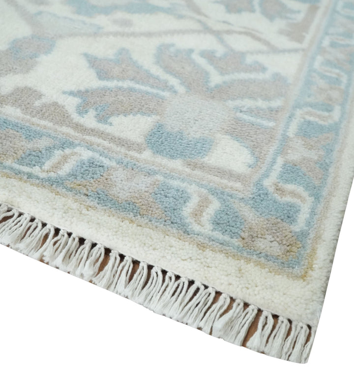 Ivory, Teal and Brown 8x10 Hand knotted Traditional oriental oushak wool area rug - The Rug Decor