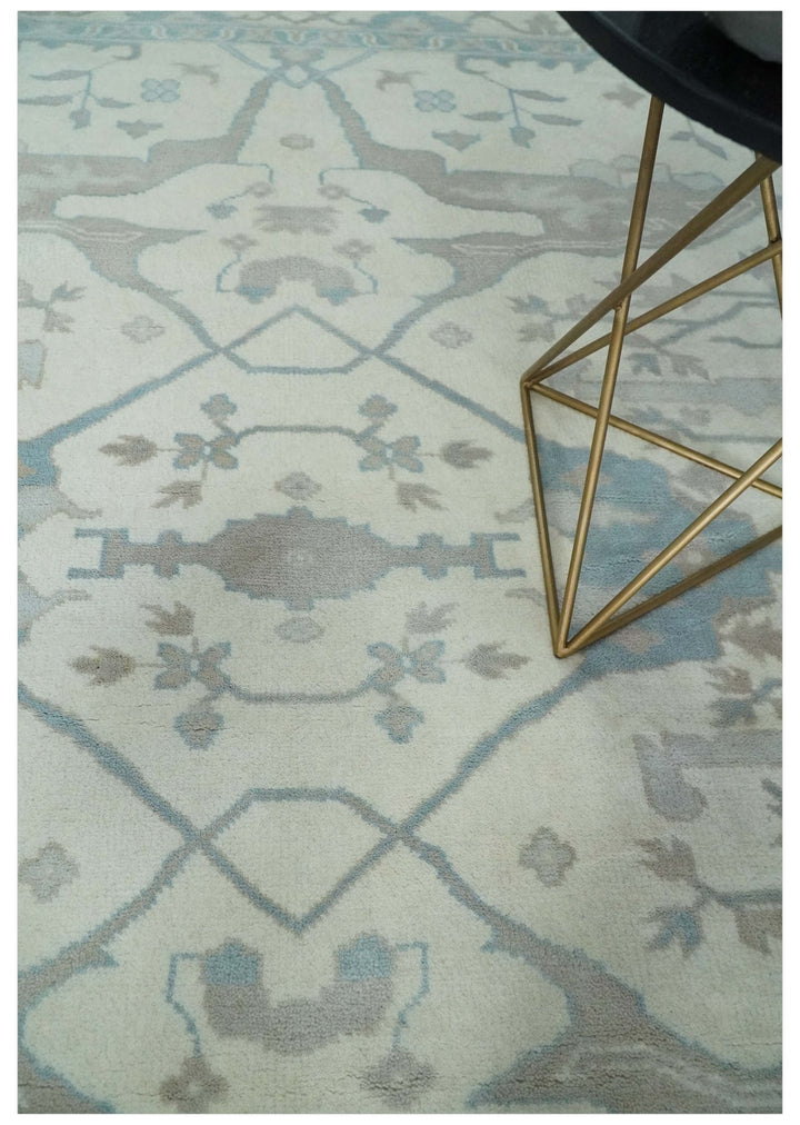 Ivory, Teal and Brown 8x10 Hand knotted Traditional oriental oushak wool area rug - The Rug Decor