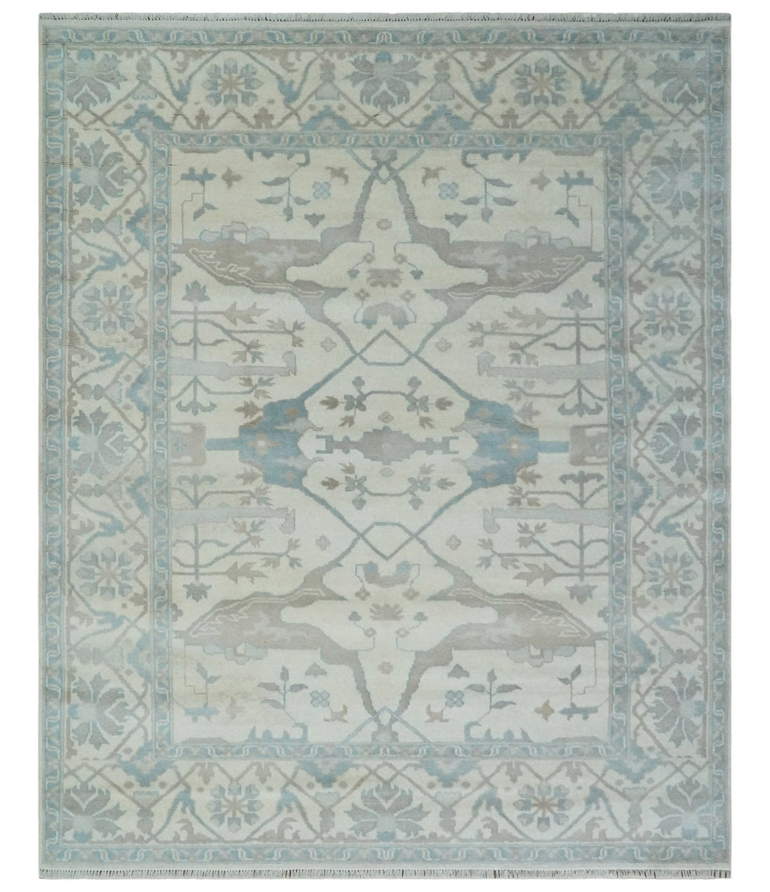 Ivory, Teal and Brown 8x10 Hand knotted Traditional oriental oushak wool area rug - The Rug Decor