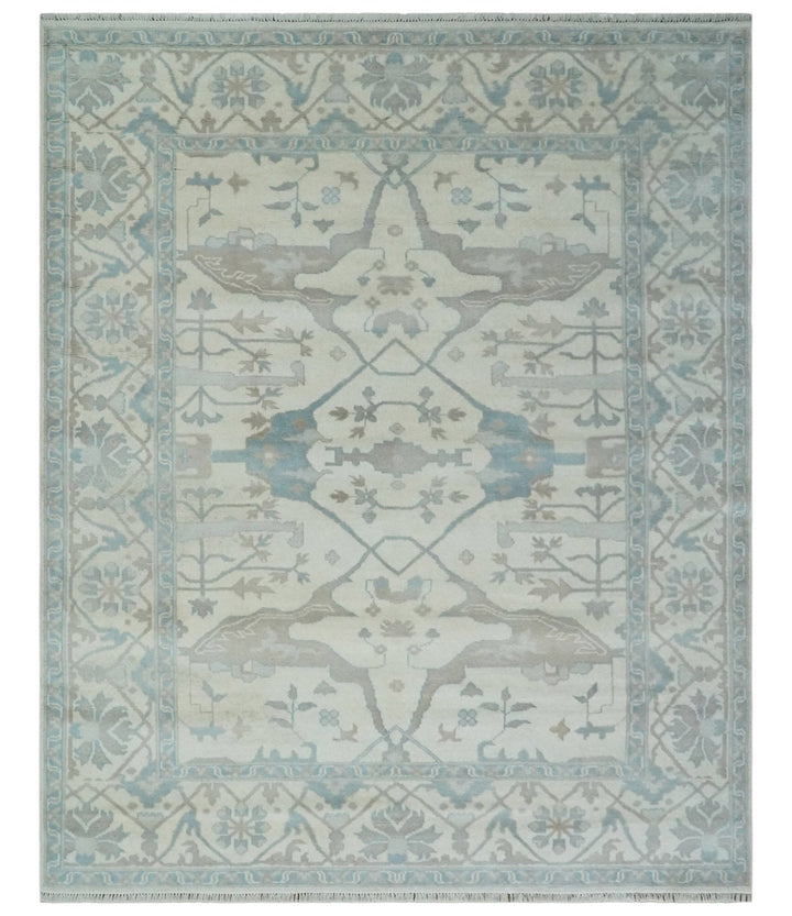 Ivory, Teal and Brown 8x10 Hand knotted Traditional oriental oushak wool area rug - The Rug Decor