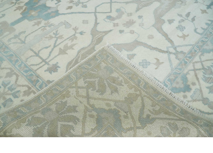 Ivory, Teal and Brown 8x10 Hand knotted Traditional oriental oushak wool area rug - The Rug Decor